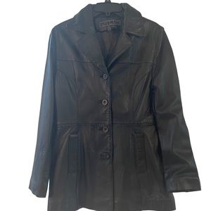 100% black leather pea coat. Size Medium. Unworn. Soft leather with lining.